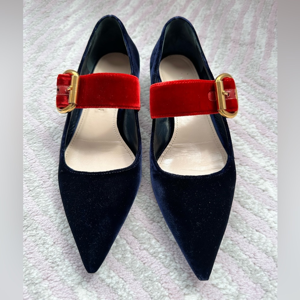 Prada dark velvet Mary Jane red strap and gold buckle size 37. Very good con